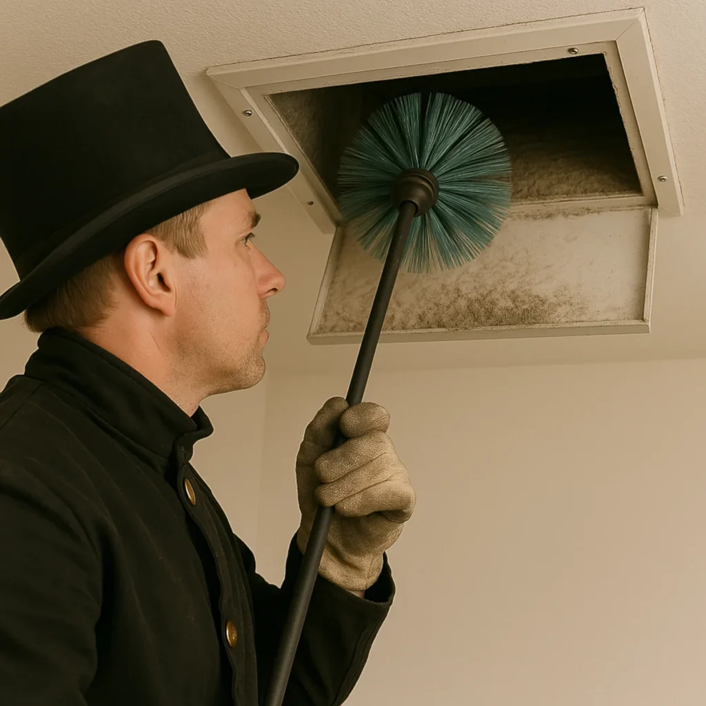 Kominiarz w cylindrze czyści kanał wentylacyjny szczotką na długim drążku