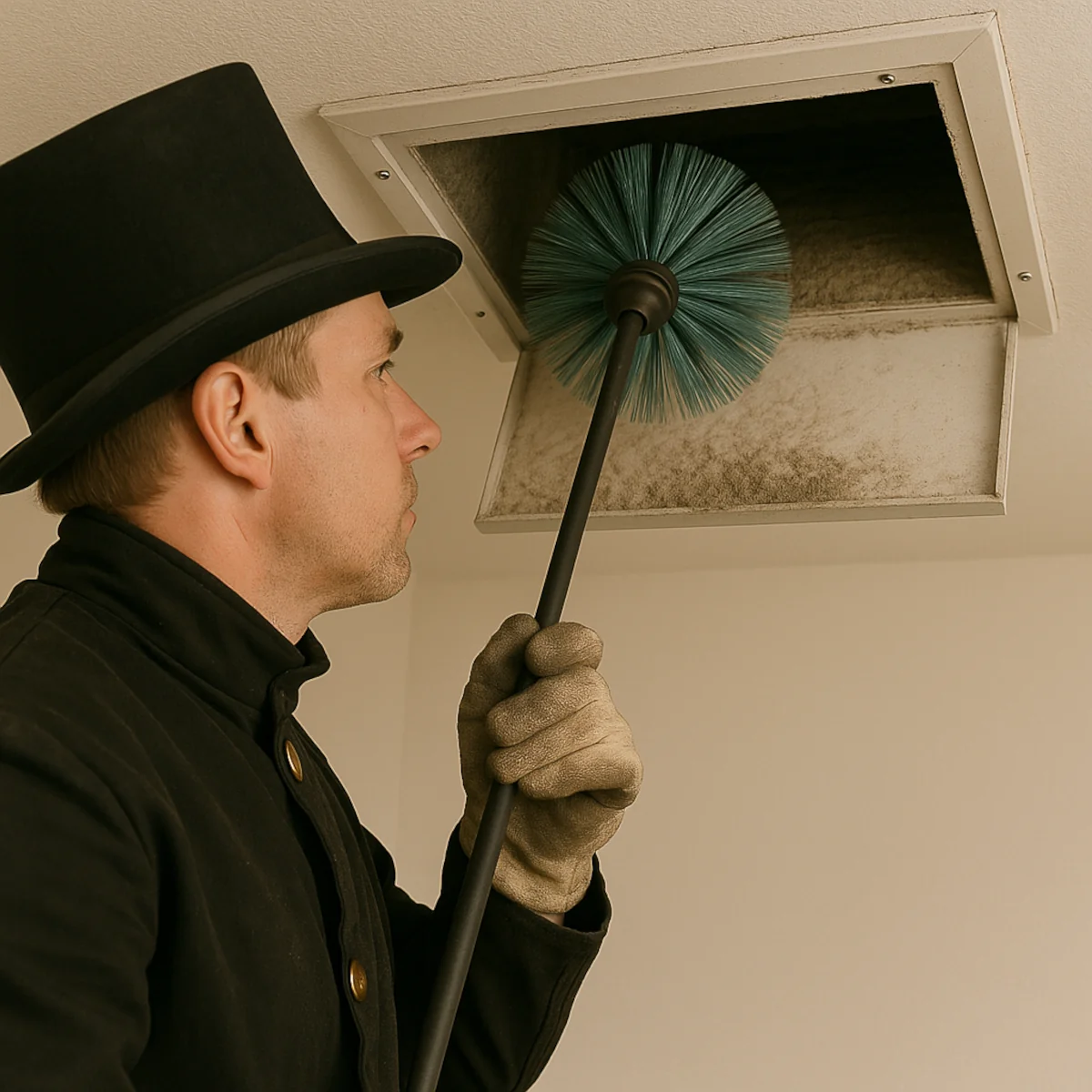 Kominiarz w cylindrze czyści kanał wentylacyjny szczotką na długim drążku