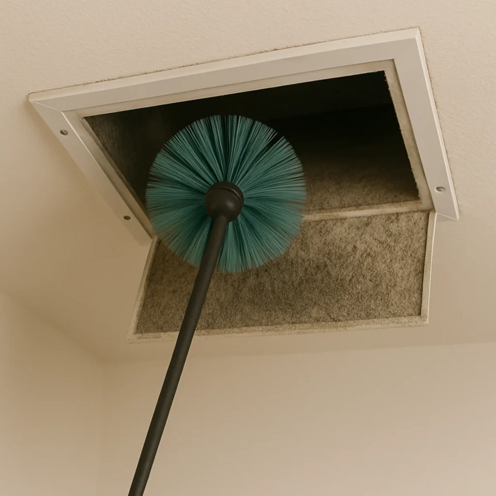 Szczotka na drążku podczas czyszczenia zabrudzonego kanału wentylacyjnego w suficie