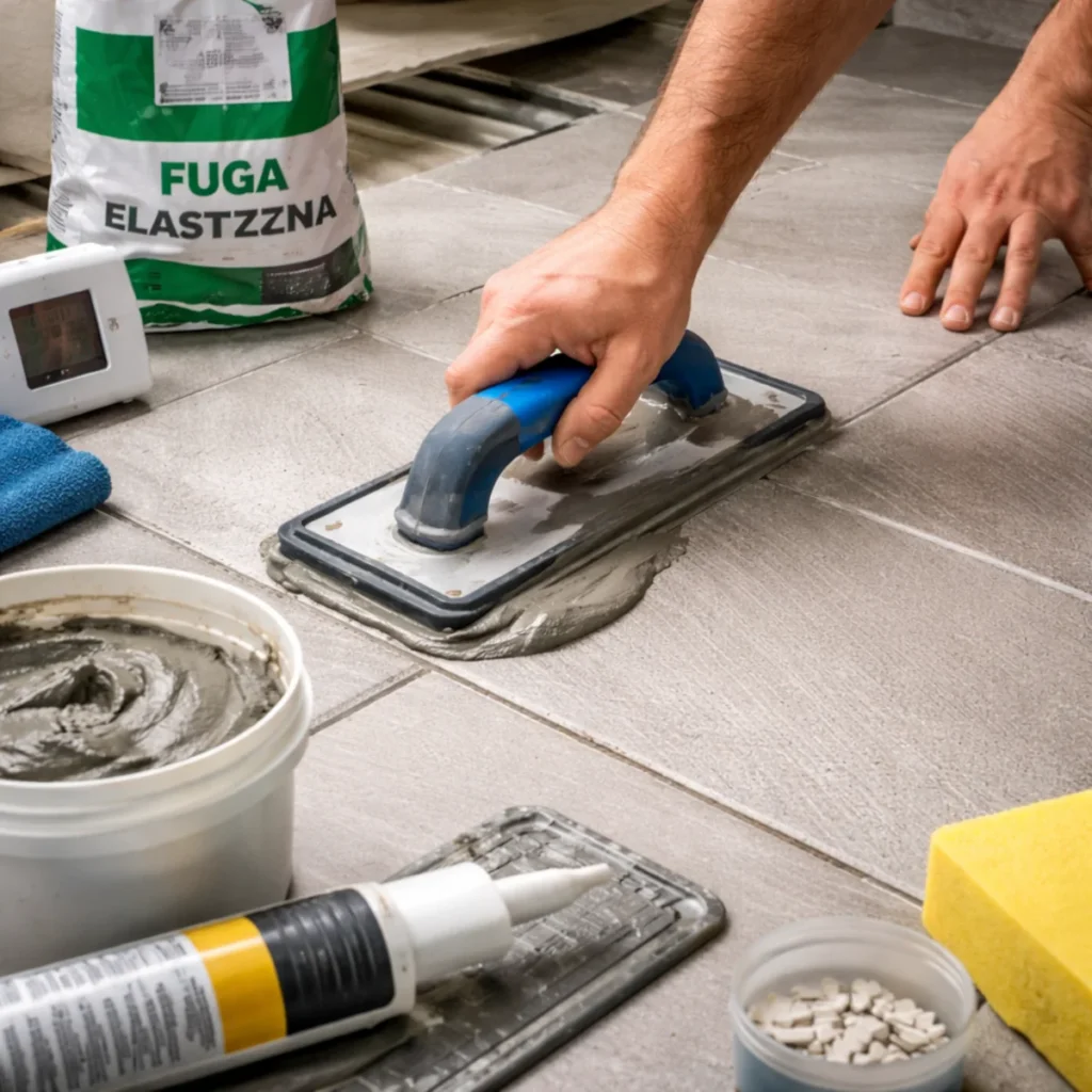 Fuga elastyczna na ogrzewanie podłogowe – wcieranie fugi w spoiny dużych płytek pacą gumową