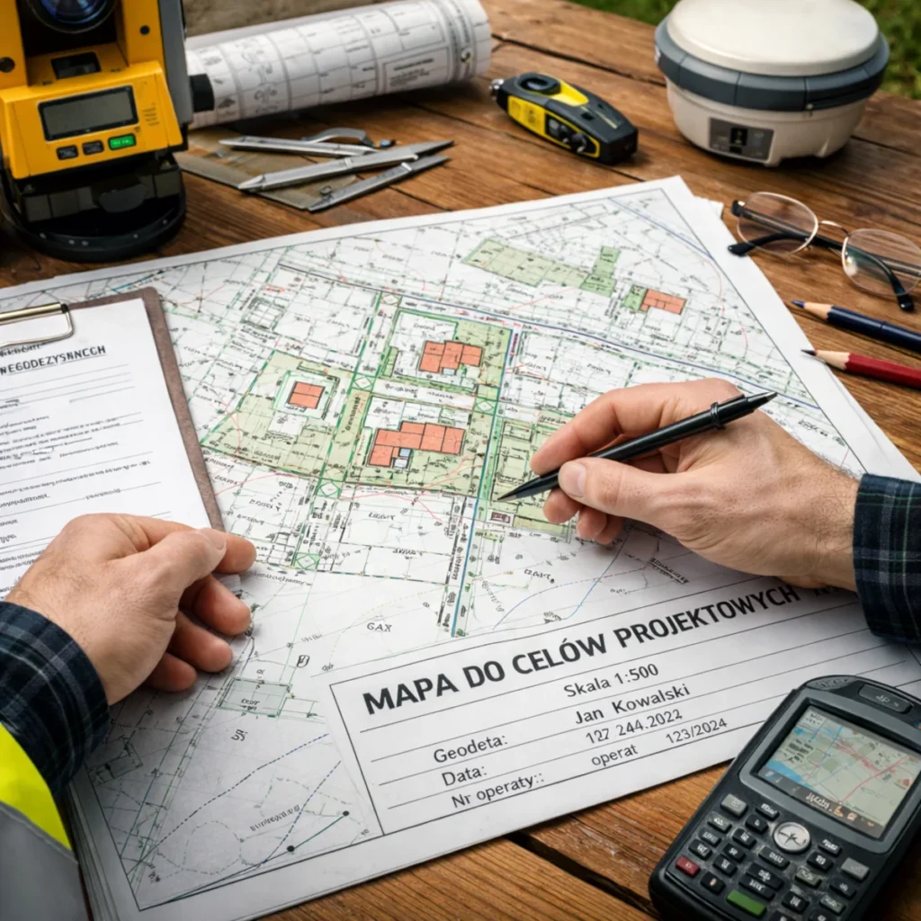Geodeta analizuje mapę do celów projektowych na stole, przygotowanie pod projekt budowlany