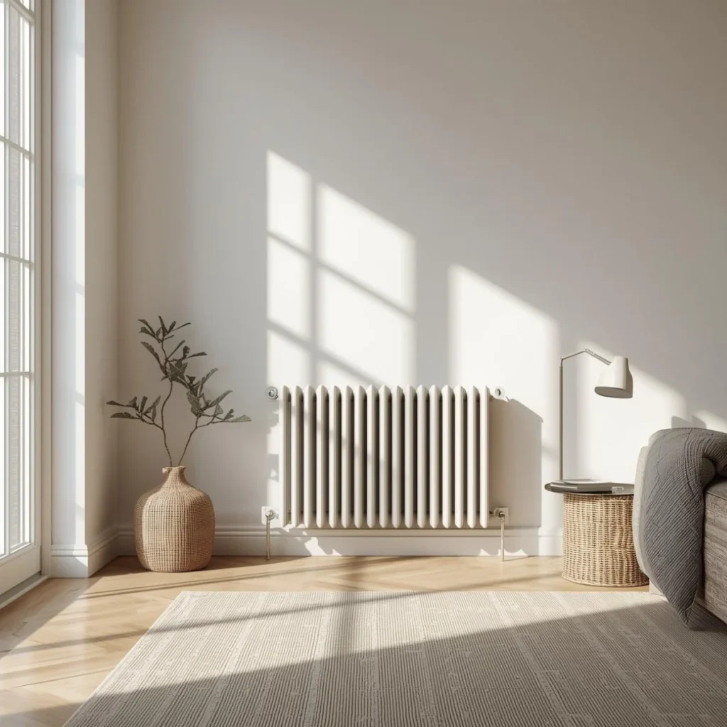 Jasny salon z białym grzejnikiem żeberkowym na ścianie i cieniem okna