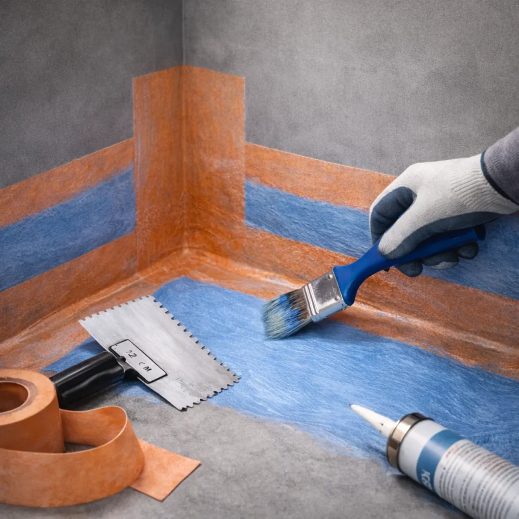 Hydroizolacja łazienki pod płytki – nakładanie folii w płynie na podłogę i przy ścianie