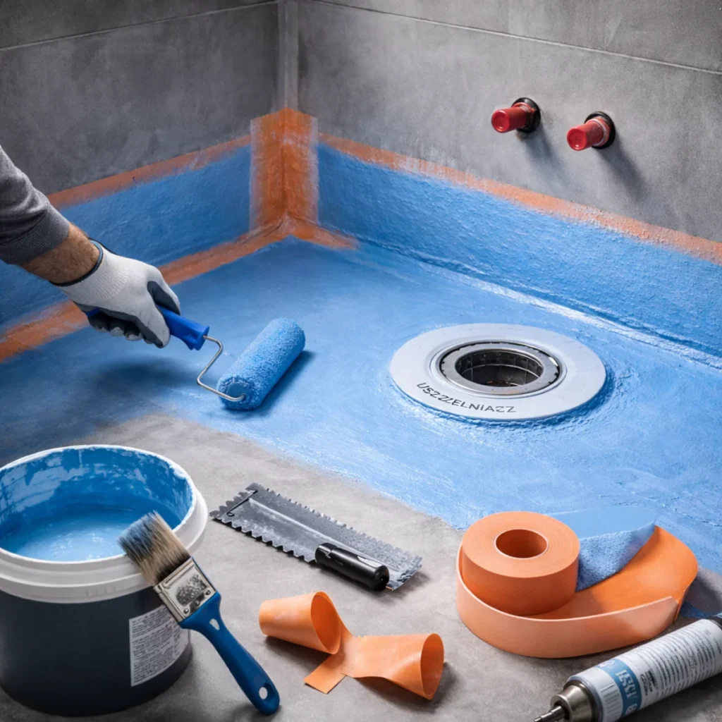 Hydroizolacja łazienki pod płytki – wklejanie taśmy uszczelniającej w narożniku ściana–podłoga