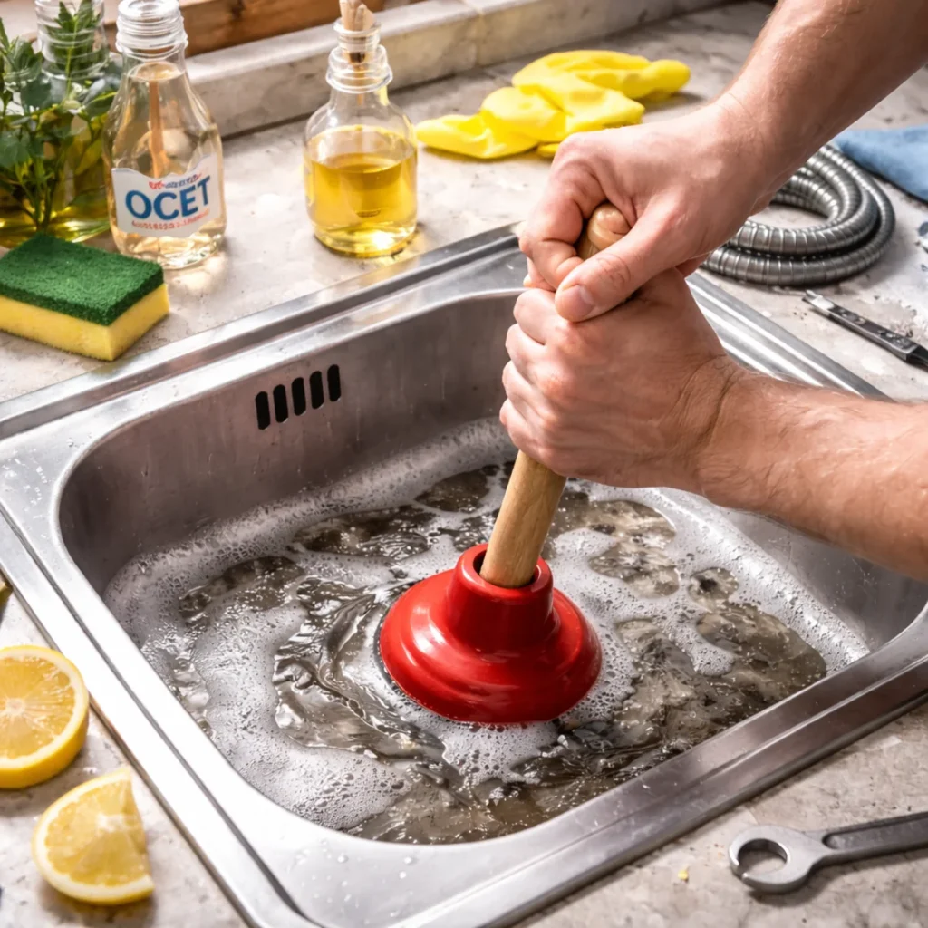 Przepychanie zlewu przepychaczką – jak udrożnić zapchany odpływ domowymi metodami