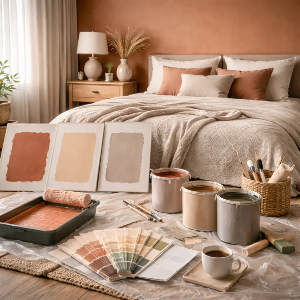 Kolor ścian do sypialni w odcieniu terakoty – próbki farb, wałek i puszki podczas przygotowania do malowania