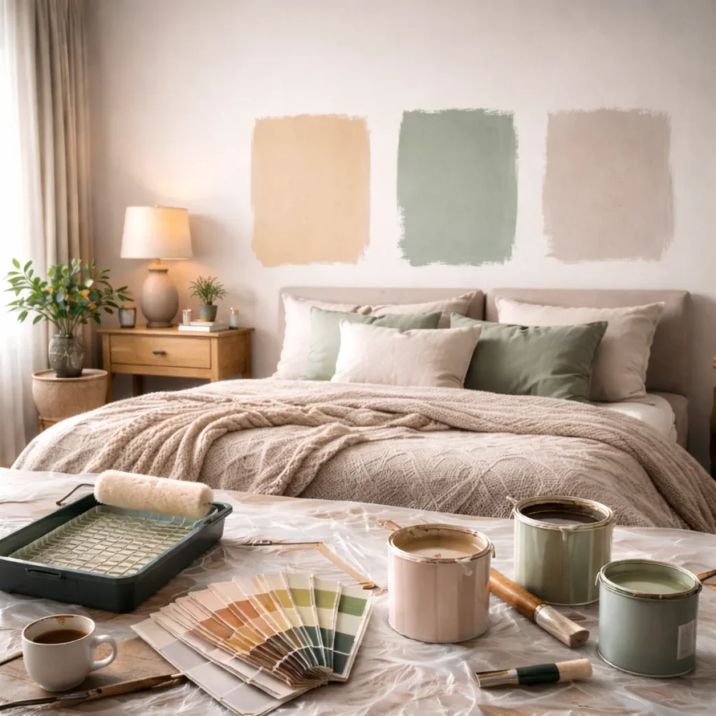 Dobór koloru ścian do sypialni – próbki farb na ścianie, puszki farby i palety kolorów przy łóżku