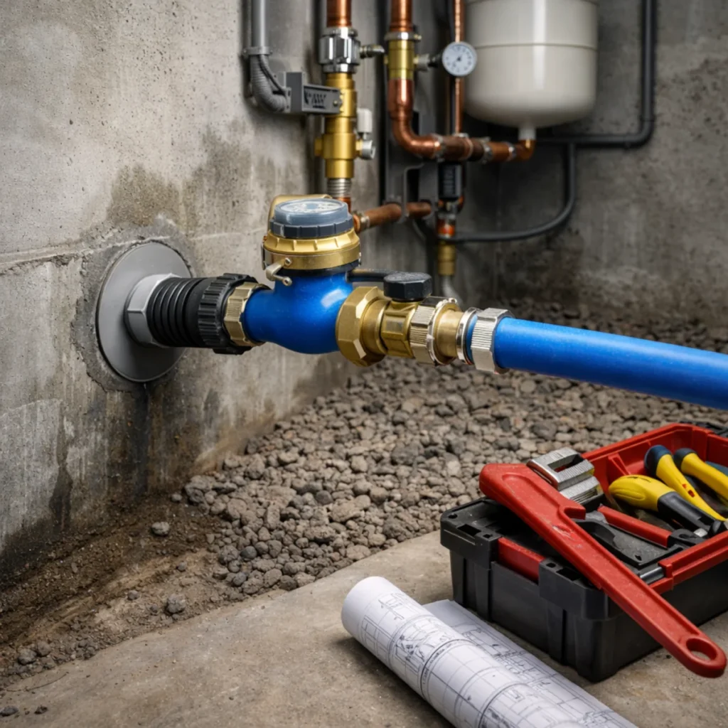 Przyłącze wody w piwnicy – rura PE wprowadzona przez ścianę i wodomierz z zaworem odcinającym