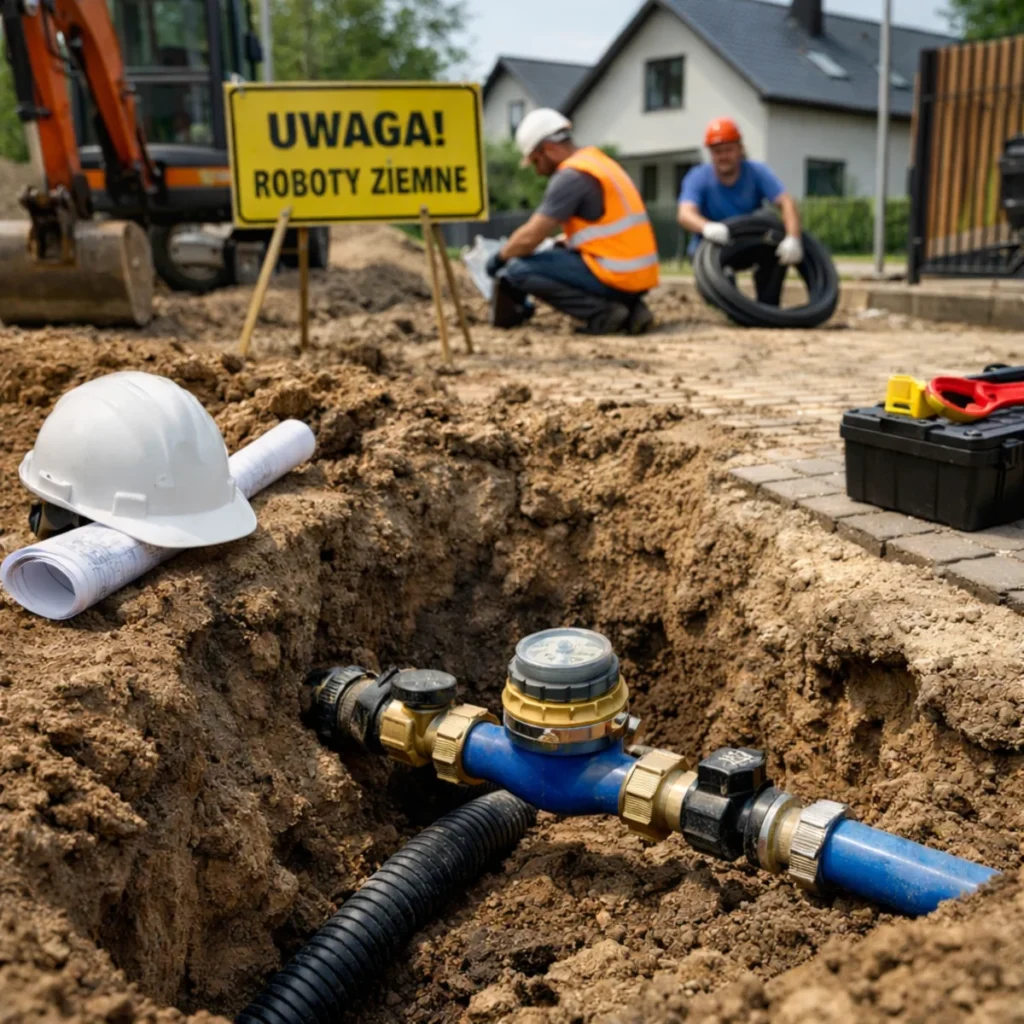 Zbliżenie na przyłącze wodociągowe w wykopie – rura PE i armatura przy montażu wodomierza