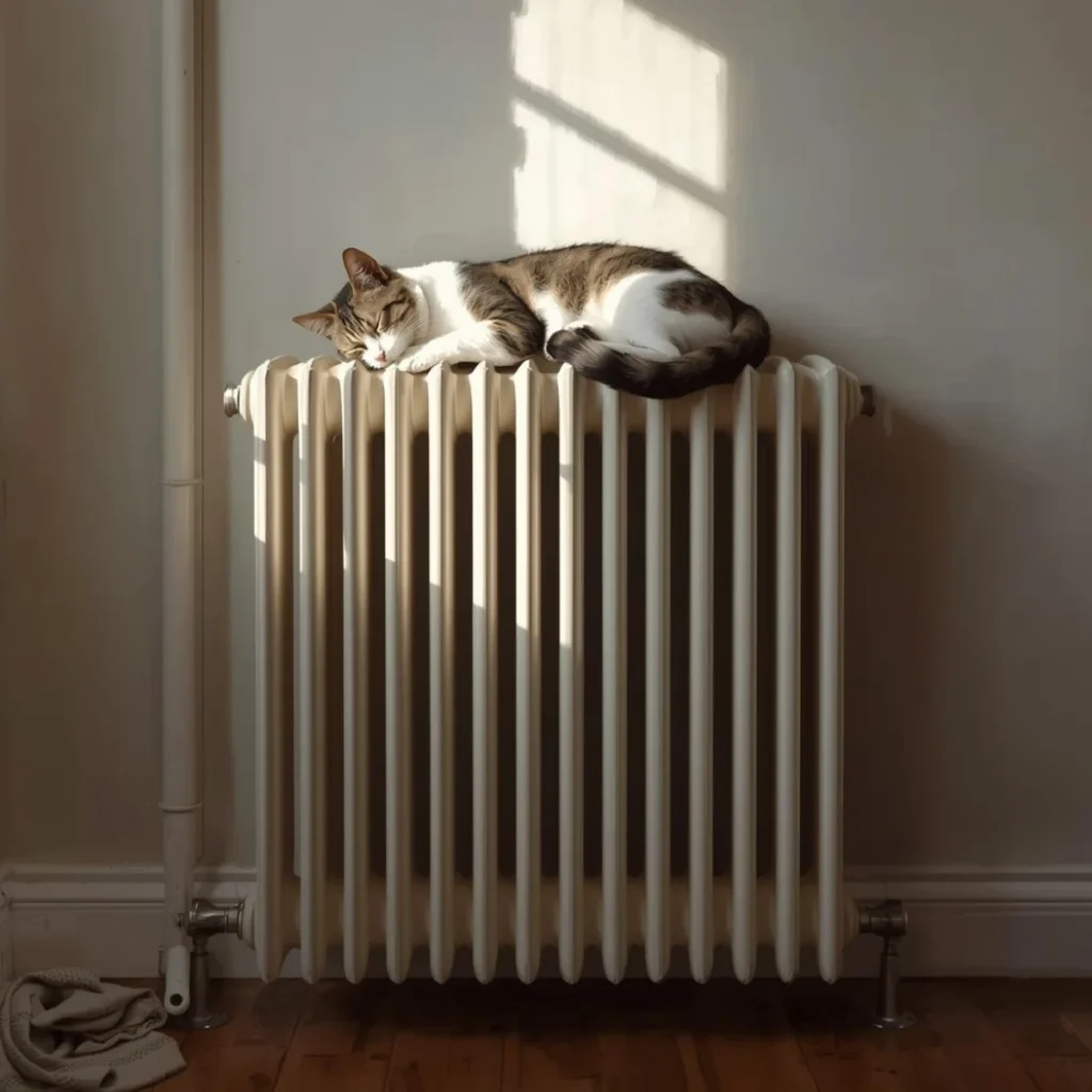 Śpiący kot leżący na ciepłym grzejniku żeberkowym przy ścianie