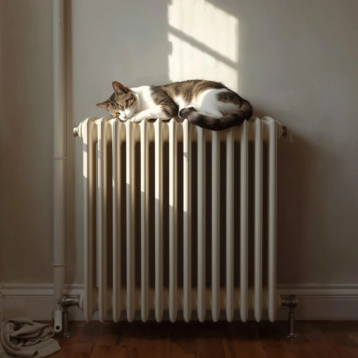 Śpiący kot leżący na ciepłym grzejniku żeberkowym przy ścianie