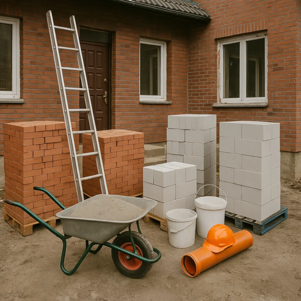 Materiały remontowe ustawione przed domem z cegły przed rozpoczęciem prac