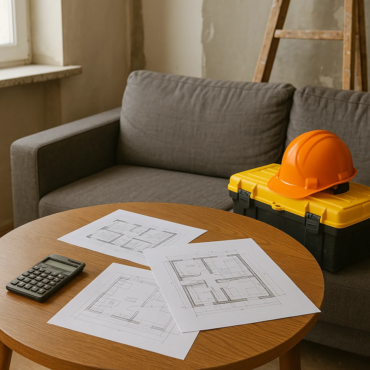 Plany remontu mieszkania na stoliku z kaskiem budowlanym i narzędziami