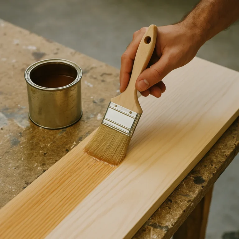 Lakierowanie deski drewnianej lakierem wodnym na roboczym stole w warsztacie