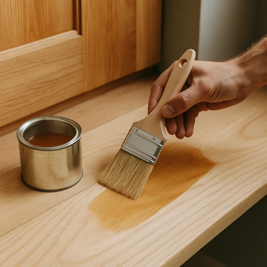 Ręczne nakładanie lakieru wodnego na jasny blat drewniany pędzlem obok otwartej puszki lakieru