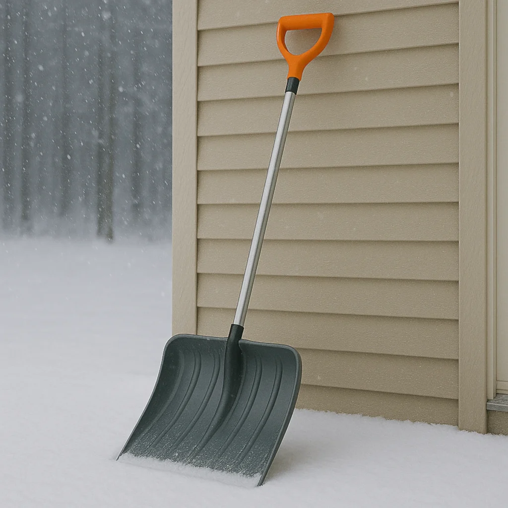 Łopata do odśnieżania oparta o ścianę domu na zaśnieżonym podwórku