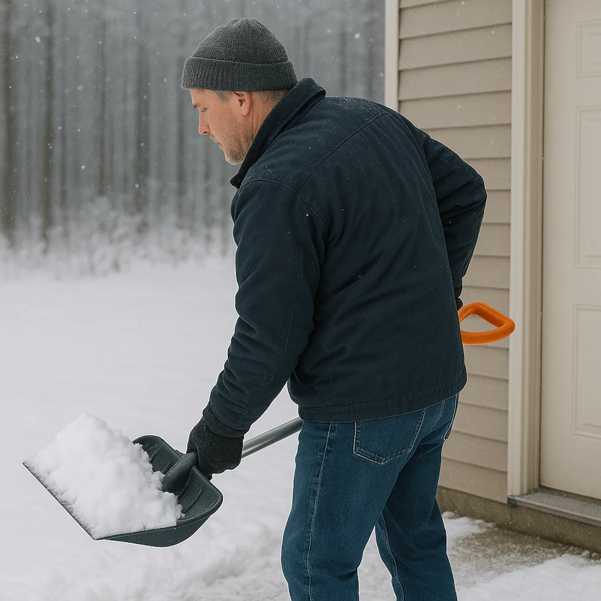 Mężczyzna odśnieża podjazd przed domem używając łopaty do odśnieżania