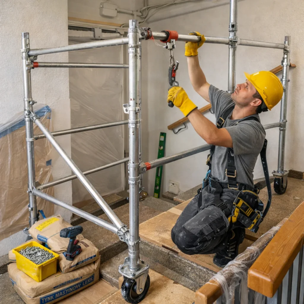 Montaż rusztowania na klatce schodowej, pracownik dokręca złącza konstrukcji na stopniach podczas remontu