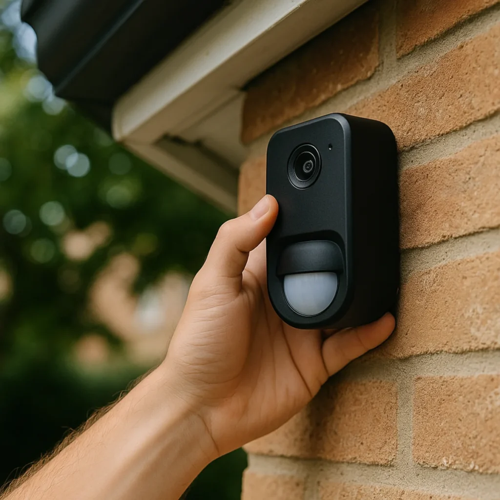 Montaż czarnej kamery z czujnikiem ruchu na elewacji domu