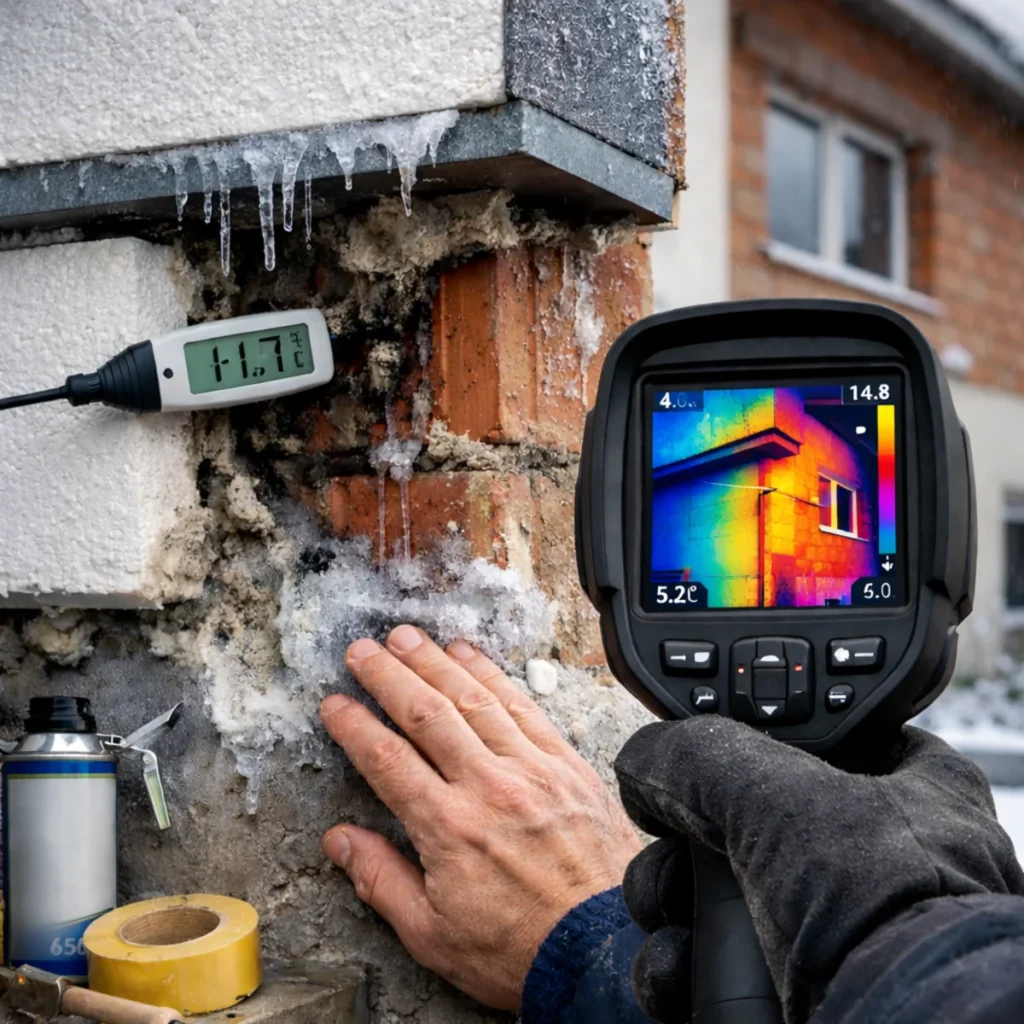 Naprawa mostka termicznego przy oknie – uszczelnianie ościeża pianką i kontrola kamerą termowizyjną zimą