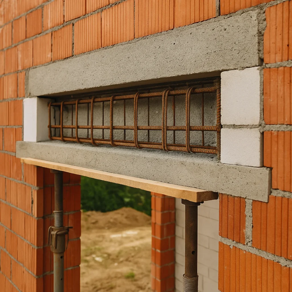 Żelbetowe nadproże nad oknem w ścianie z pustaków ceramicznych podczas budowy domu