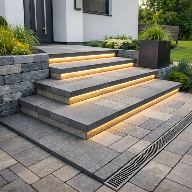 Nowoczesne schody z kostki brukowej przy wejściu do domu z podświetleniem LED i odwodnieniem liniowym