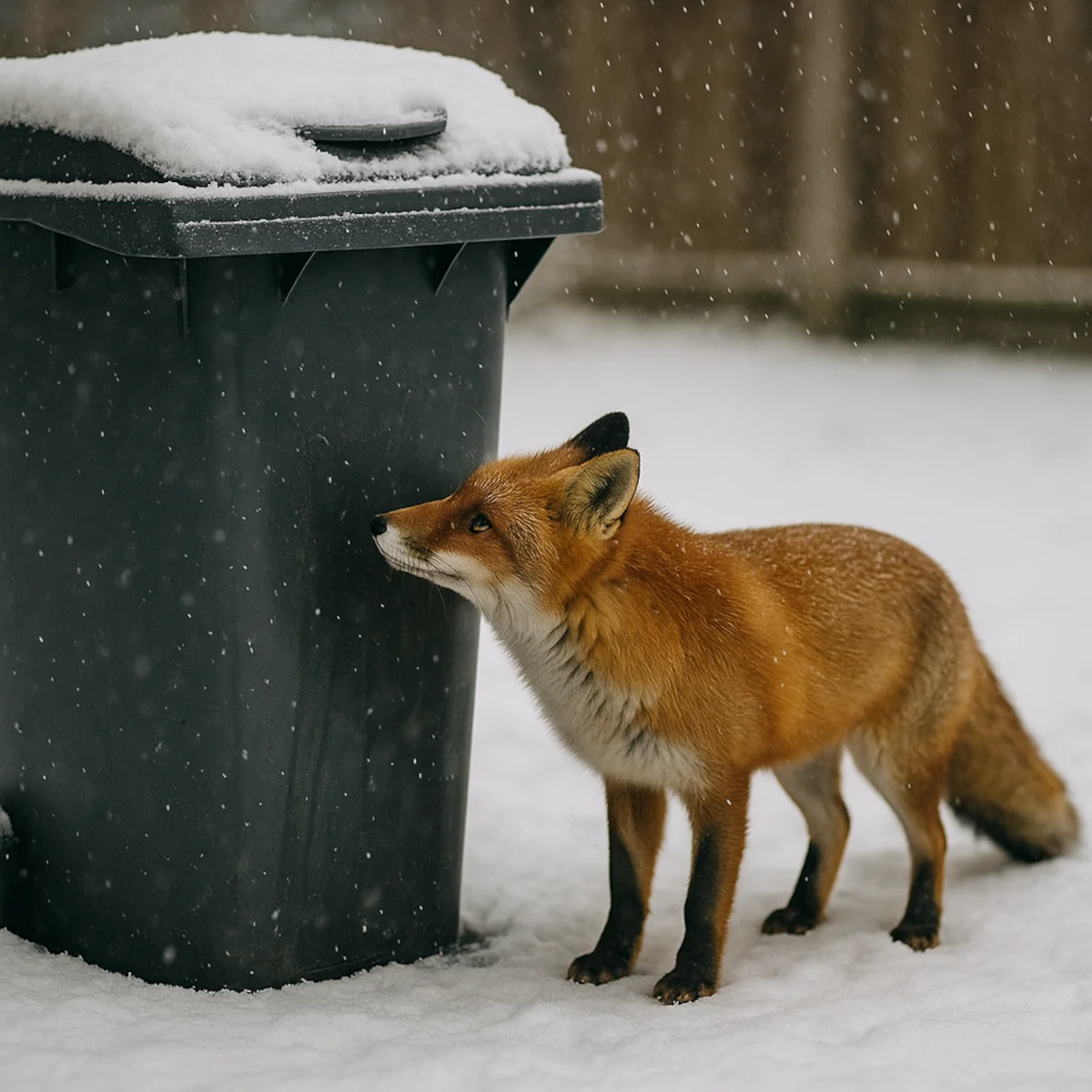 Lis wąchający zamknięty pojemnik na śmieci zimą na śniegu
