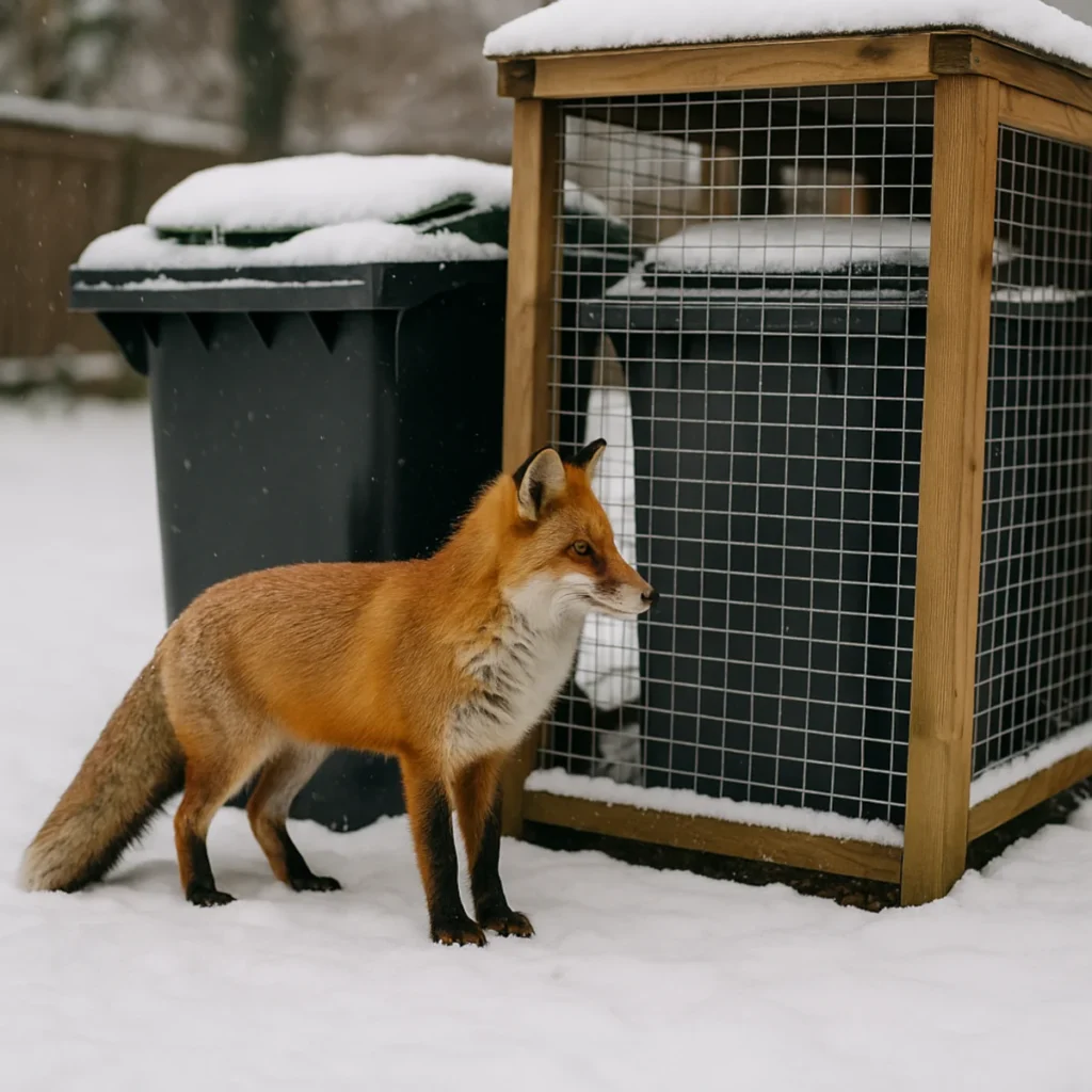 Lis przy zabudowanym śmietniku zimą na ośnieżonym podwórku