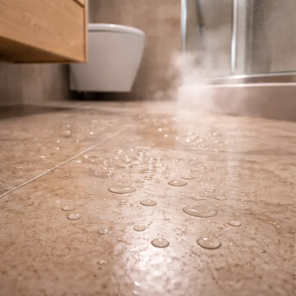 Krople kondensatu na płytkach – osiadająca para w łazience bez okna