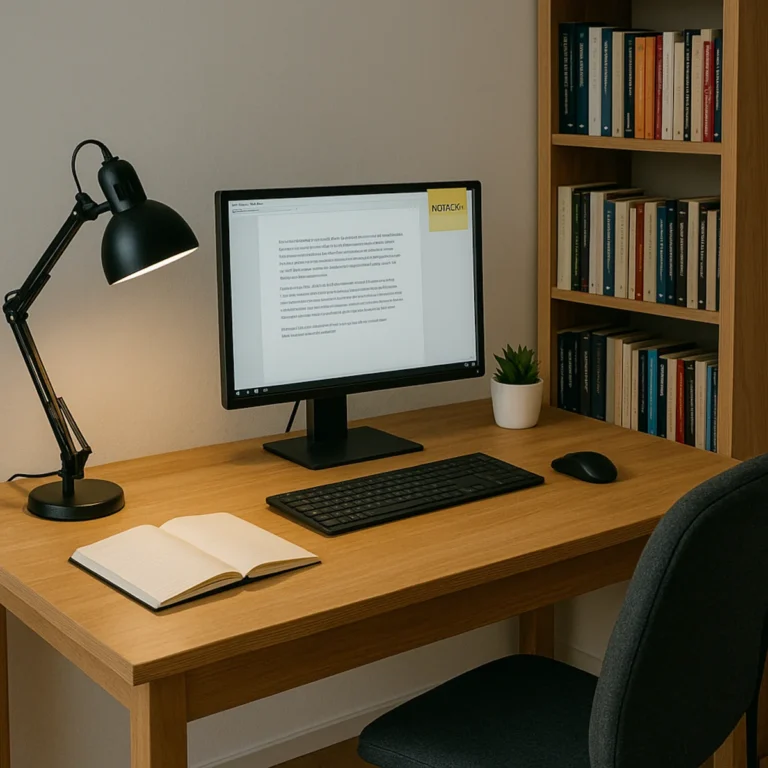 Oświetlenie do home office: biurko z lampą, monitor, notatnik i regał z książkami w domowym gabinecie