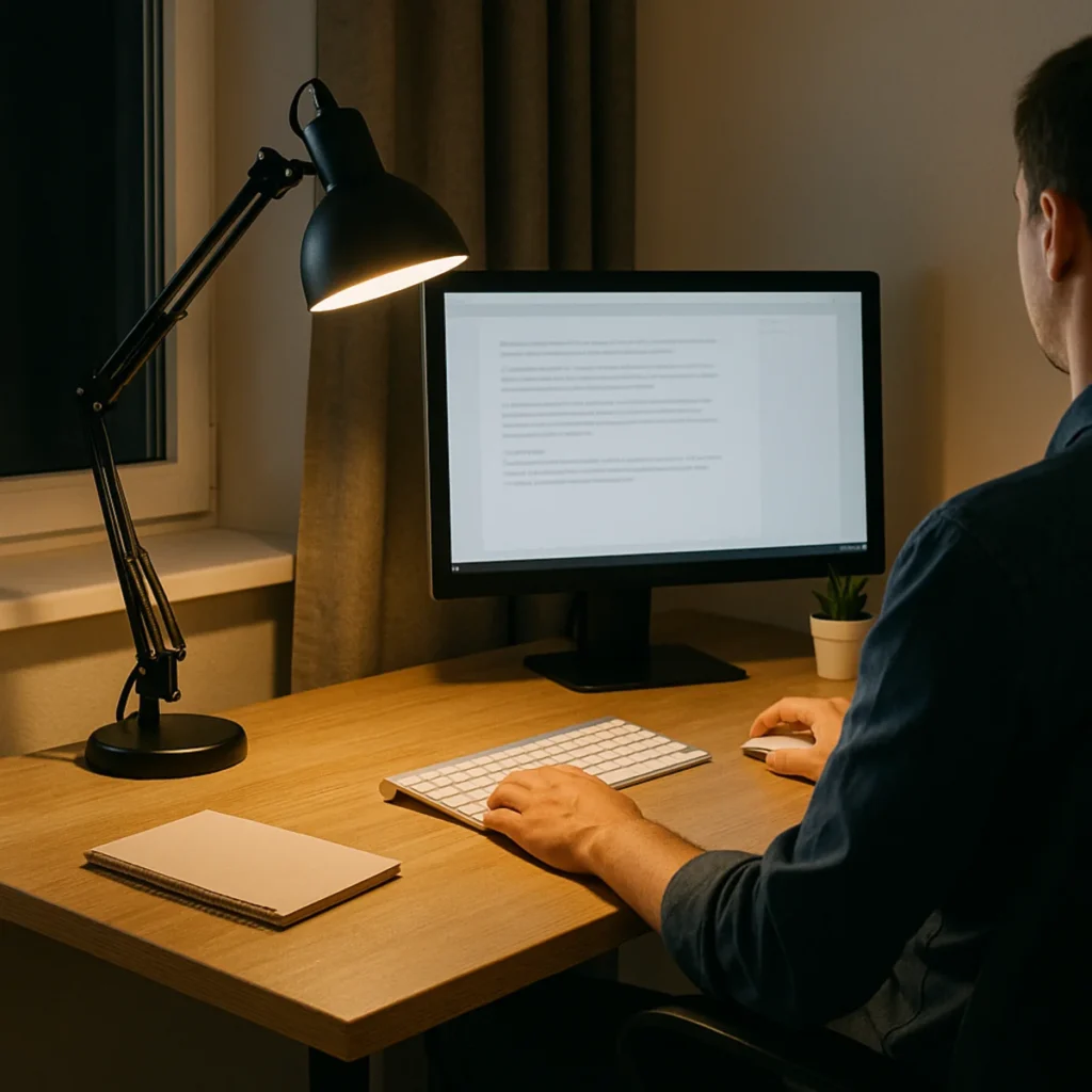 Oświetlenie do home office wieczorem: lampa biurkowa doświetla blat, praca przy komputerze w domowym pokoju