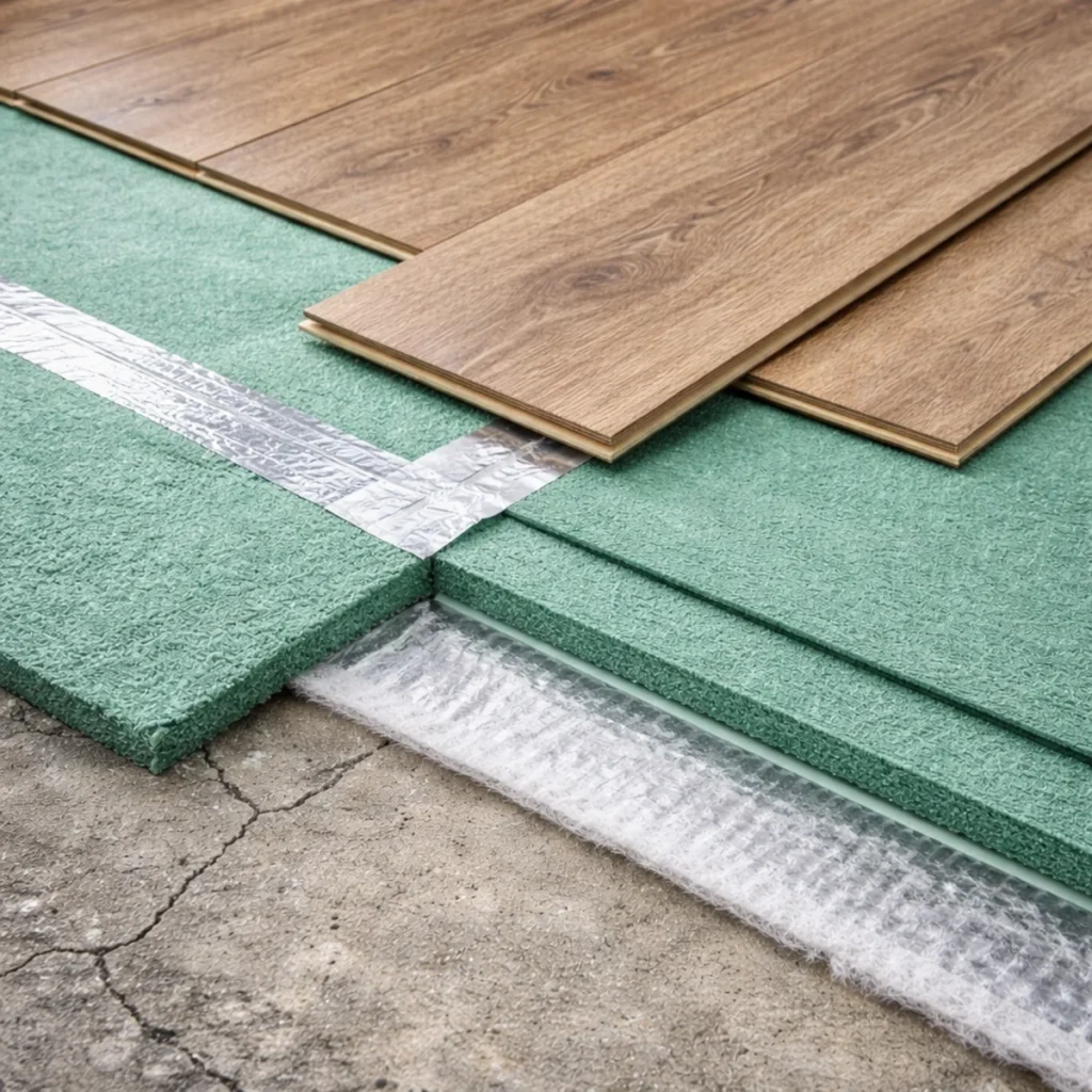 Panele podłogowe na podkładzie akustycznym, widoczne warstwy wyciszenia i łączenie podkładu w bloku