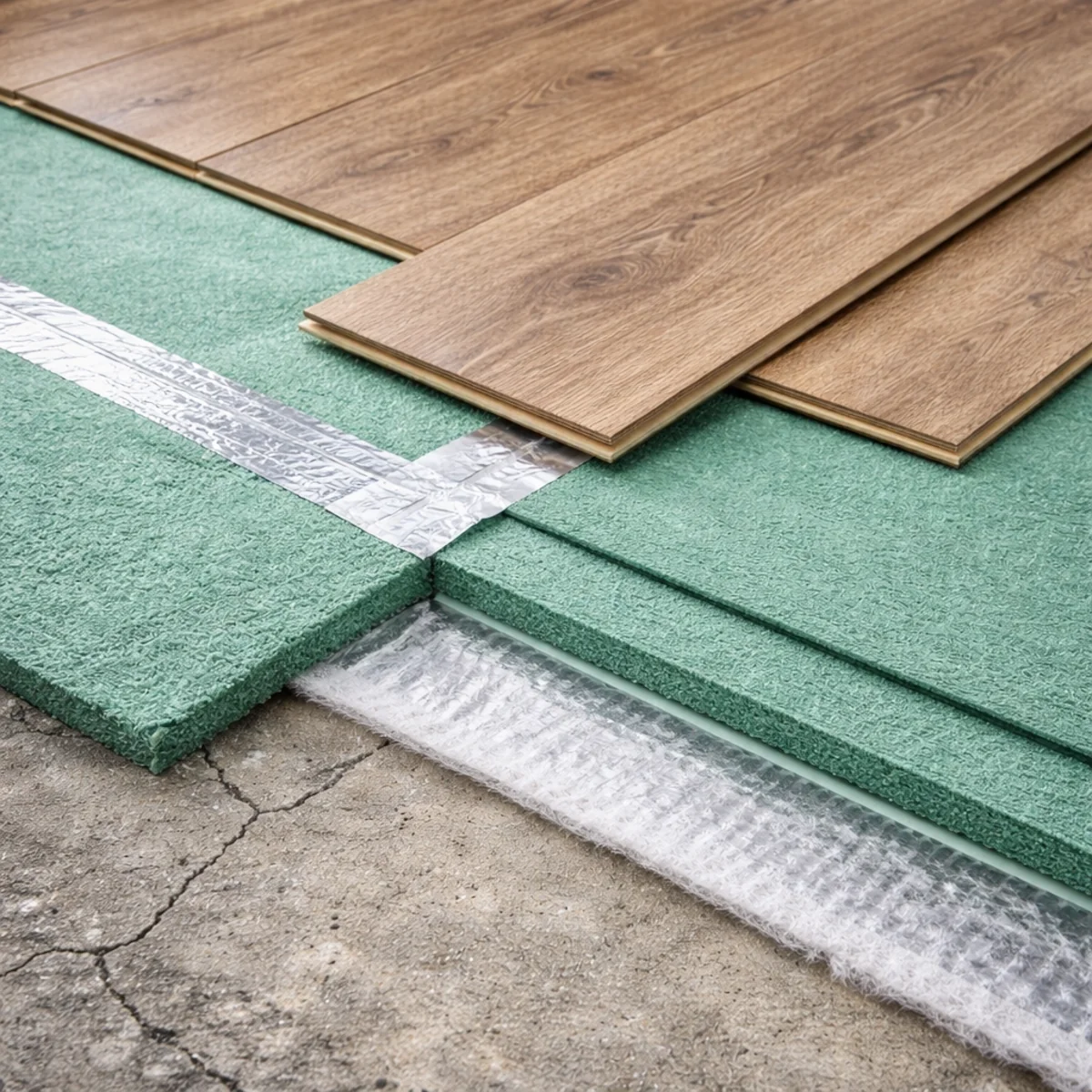 Panele podłogowe na podkładzie akustycznym, widoczne warstwy wyciszenia i łączenie podkładu w bloku