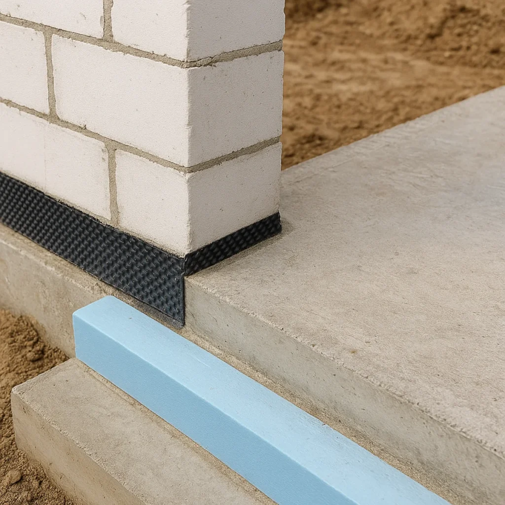 Połączenie płyty fundamentowej i ściany nośnej z widoczną izolacją termiczną i przeciwwilgociową