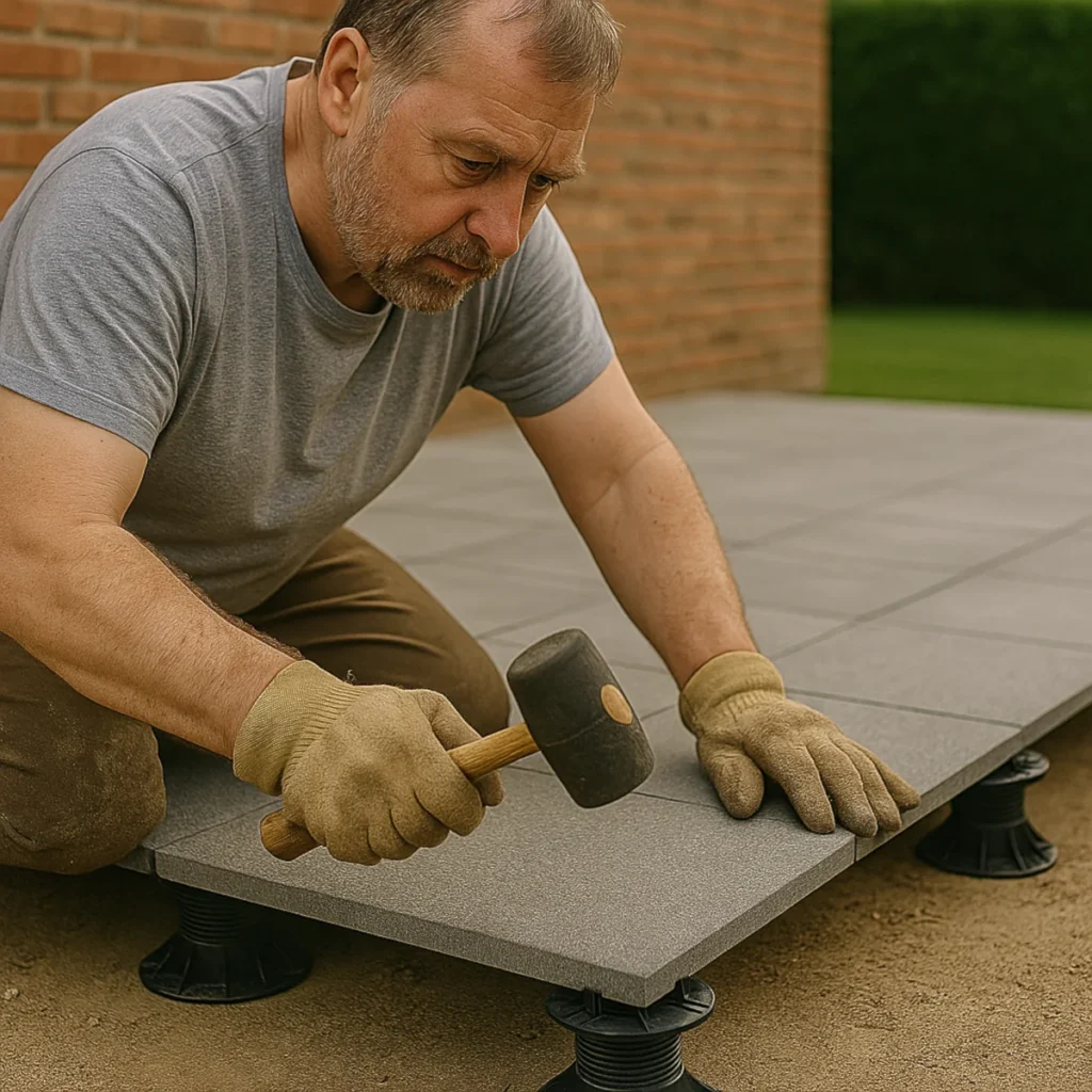 Montaż płytek na taras bez kleju z użyciem gumowego młotka na wspornikach