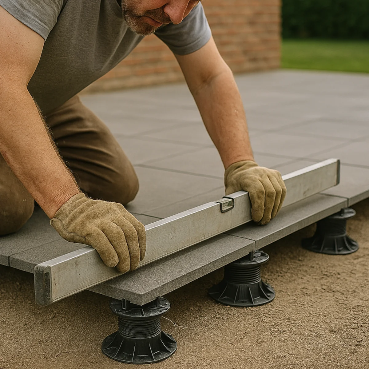 Układanie płytek na taras bez kleju na wspornikach regulowanych z poziomnicą