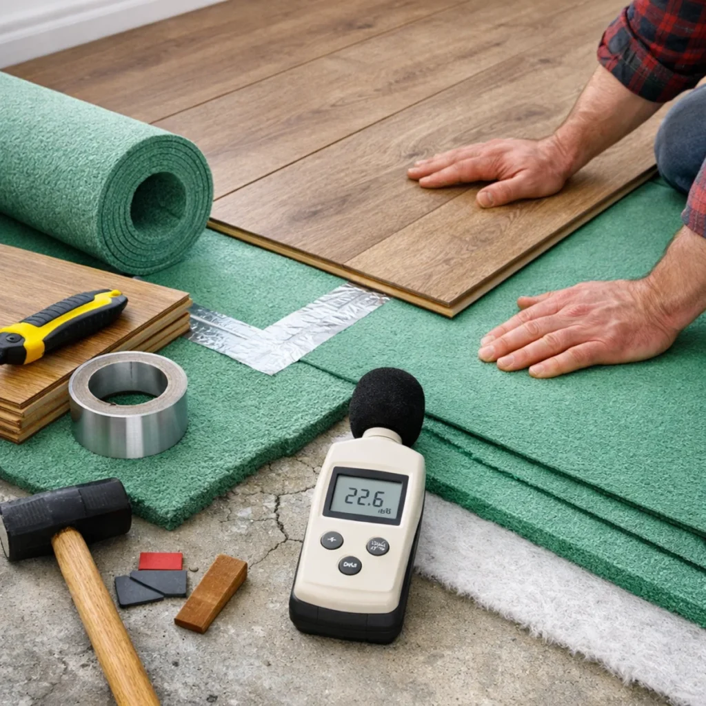 Podkład akustyczny pod panele podczas montażu w mieszkaniu w bloku, warstwa wyciszająca pod panelami