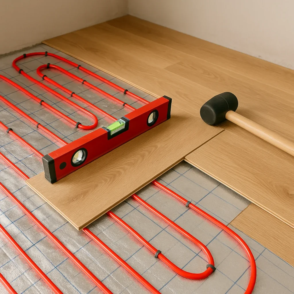 Podkład pod panele na ogrzewanie podłogowe – przygotowanie i montaż paneli, poziomnica i gumowy młotek na podłodze