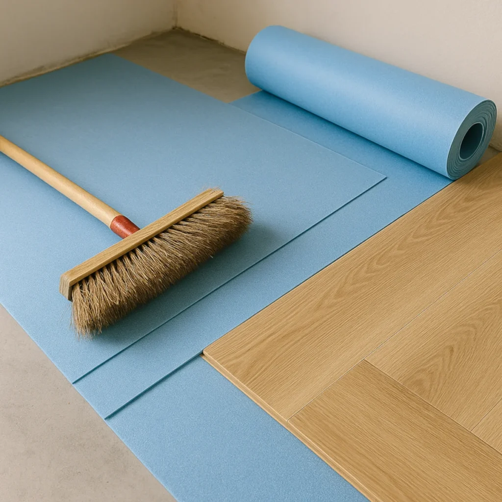 Podkład pod panele na ogrzewanie podłogowe – rozłożony podkład piankowy i układanie paneli na wylewce