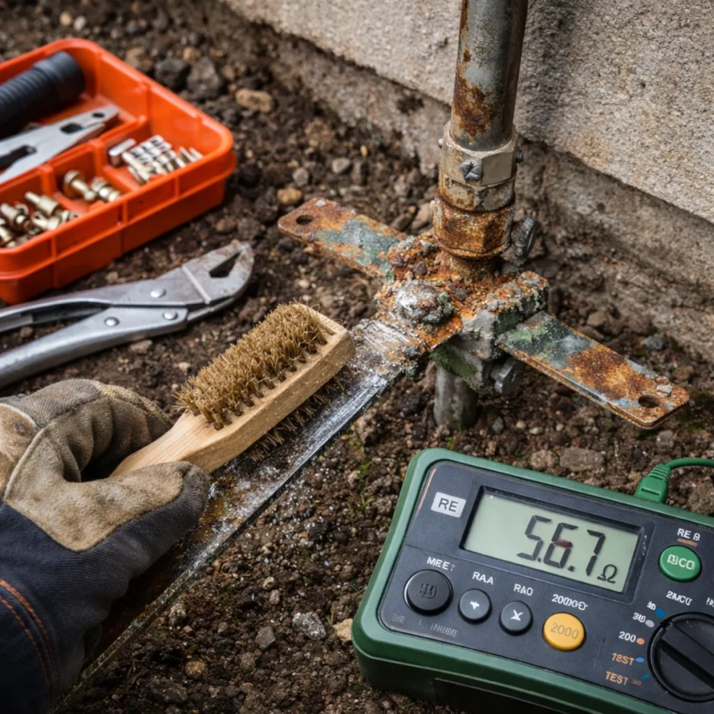 Czyszczenie skorodowanej bednarki uziemiającej przed pomiarem rezystancji uziemienia