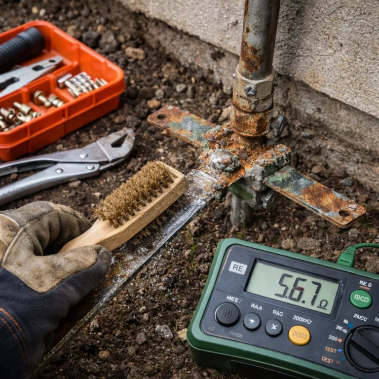 Czyszczenie skorodowanej bednarki uziemiającej przed pomiarem rezystancji uziemienia
