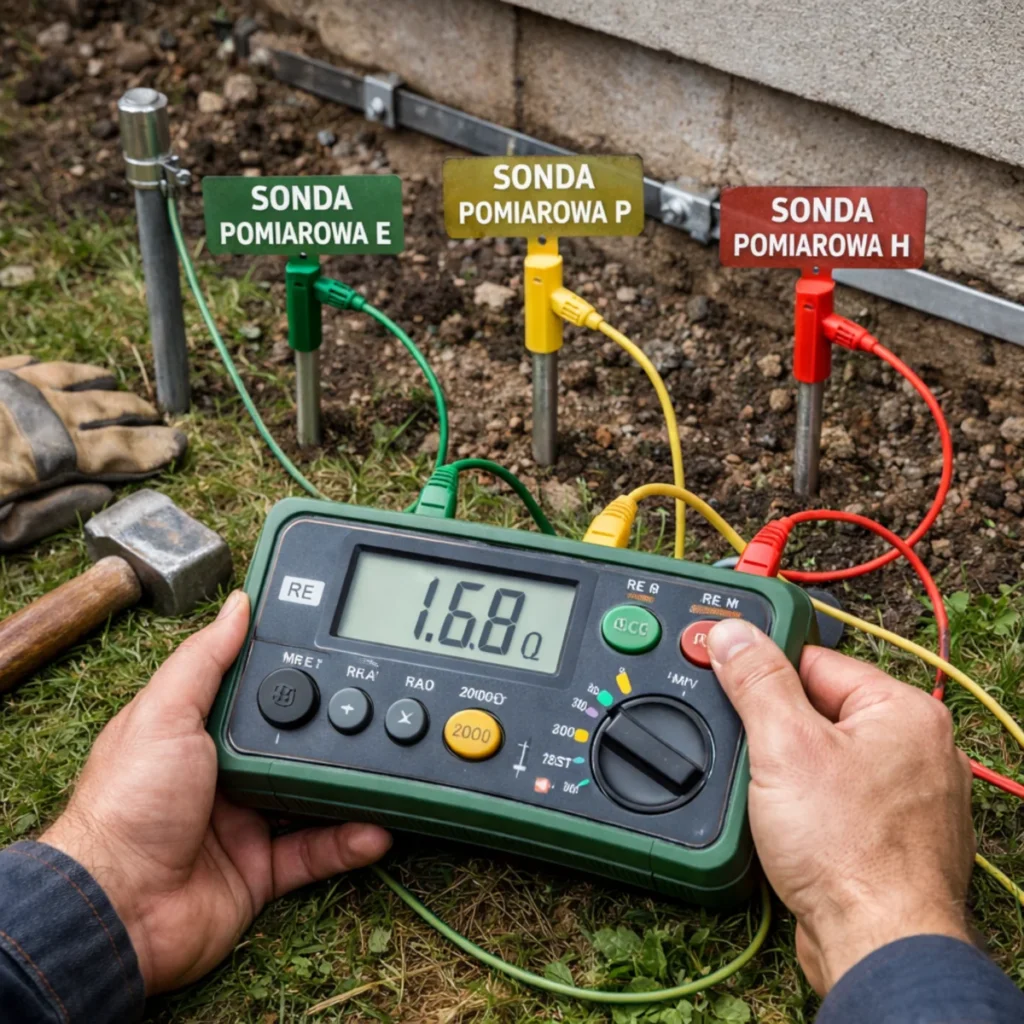 Pomiary rezystancji uziemienia miernikiem i sondami przy fundamencie domu