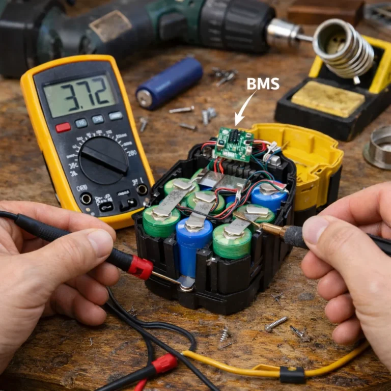 Regeneracja akumulatora do wkrętarki – rozebrany pakiet Li-Ion z BMS i pomiar napięcia multimetrem na stole roboczym