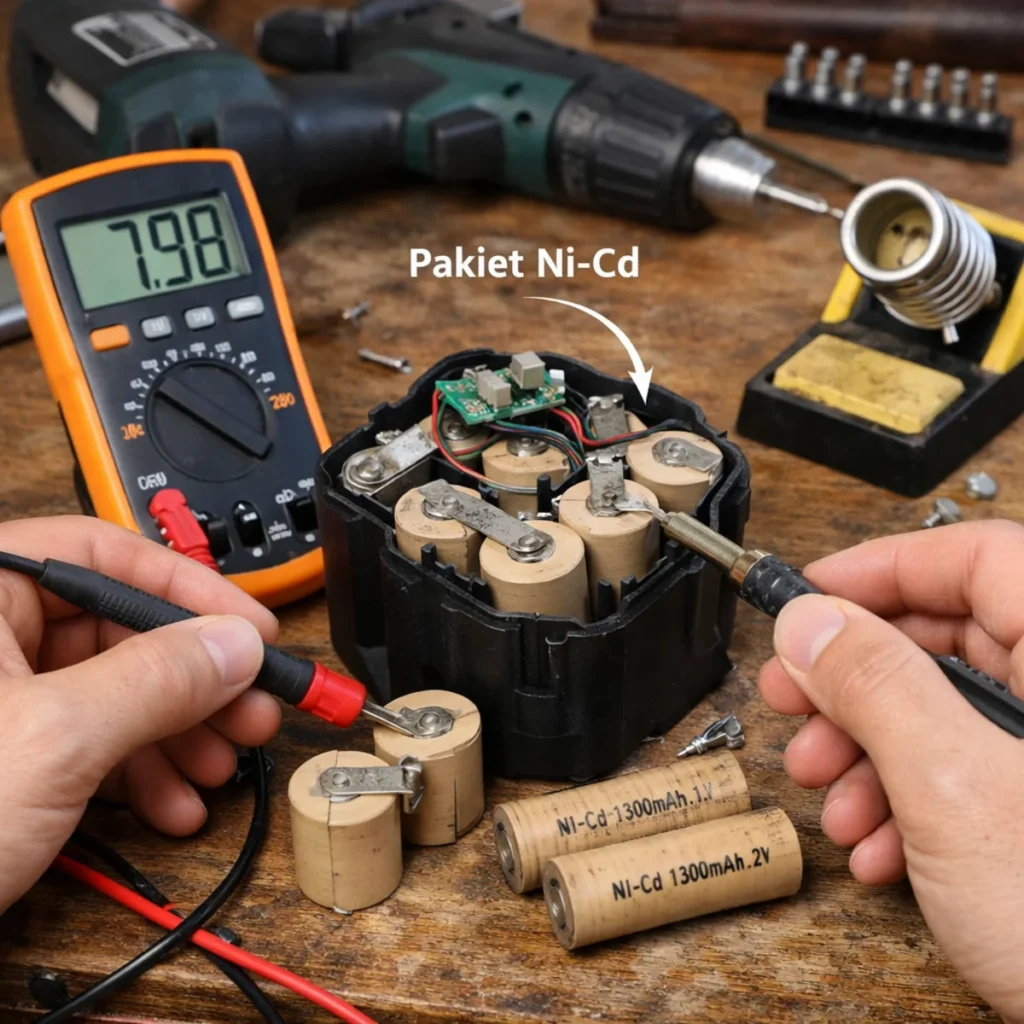 Regeneracja akumulatora do wkrętarki – rozebrany pakiet Ni-Cd i pomiar napięcia multimetrem na stole warsztatowym
