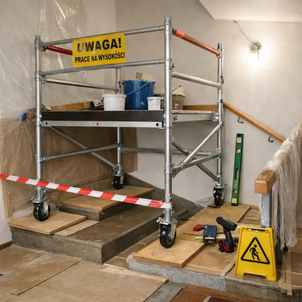 Rusztowanie na klatce schodowej ustawione na stopniach, zabezpieczone podkładami i taśmą podczas remontu