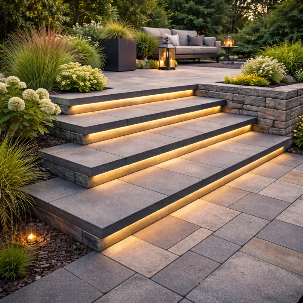 Schody z kostki brukowej na tarasie w ogrodzie z podświetleniem LED i murkiem oporowym