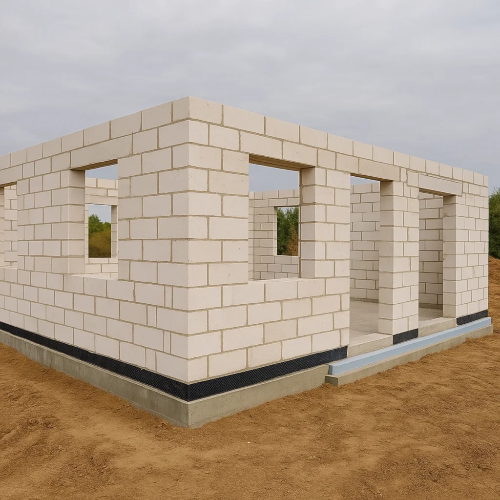 Ściany nośne domu z betonu komórkowego na płycie fundamentowej z widoczną izolacją cokołu na etapie stanu surowego