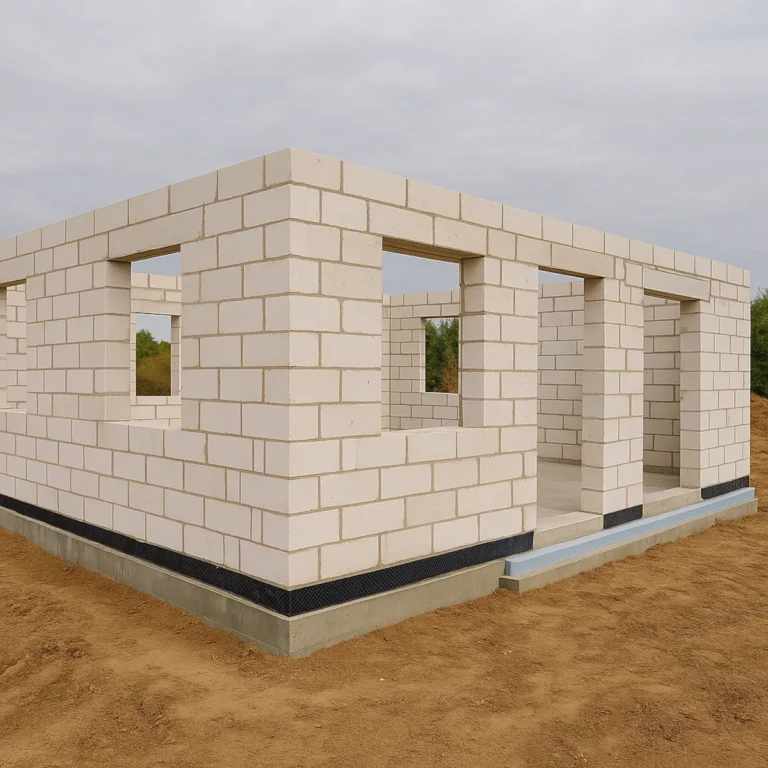 Ściany nośne domu z betonu komórkowego na płycie fundamentowej z widoczną izolacją cokołu na etapie stanu surowego