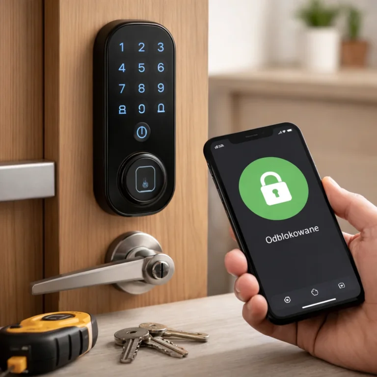 Smart zamek do drzwi otwierany telefonem – ekran „Odblokowane” przy drzwiach