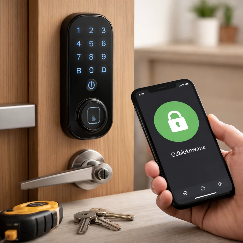 Smart zamek do drzwi otwierany telefonem – ekran „Odblokowane” przy drzwiach